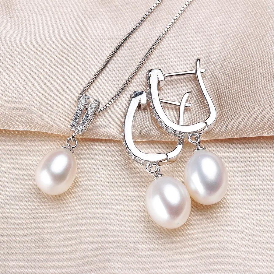 YWYC Horseshoe 8-9mm Rice Freshwater Pearl Earrings&Necklaces Jewelry Set for Women 925 Silver 45cm Pendant Necklace