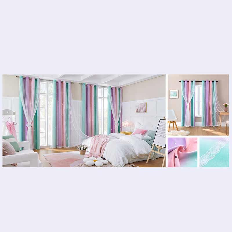 Double Layer Gradient Rainbow Blackout Curtains with Star Cutouts for Kids Room Bedroom Living Room Decor