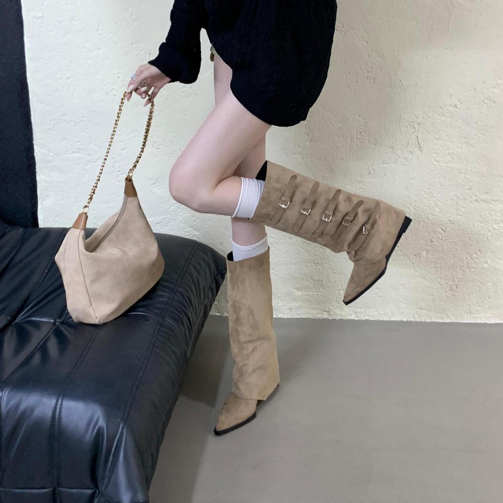 2025 New Belt Buckle Pointed Trousers Boots Spice Girl Wedge Heel High Heel Knight Boots Children But Knee Thin Boots