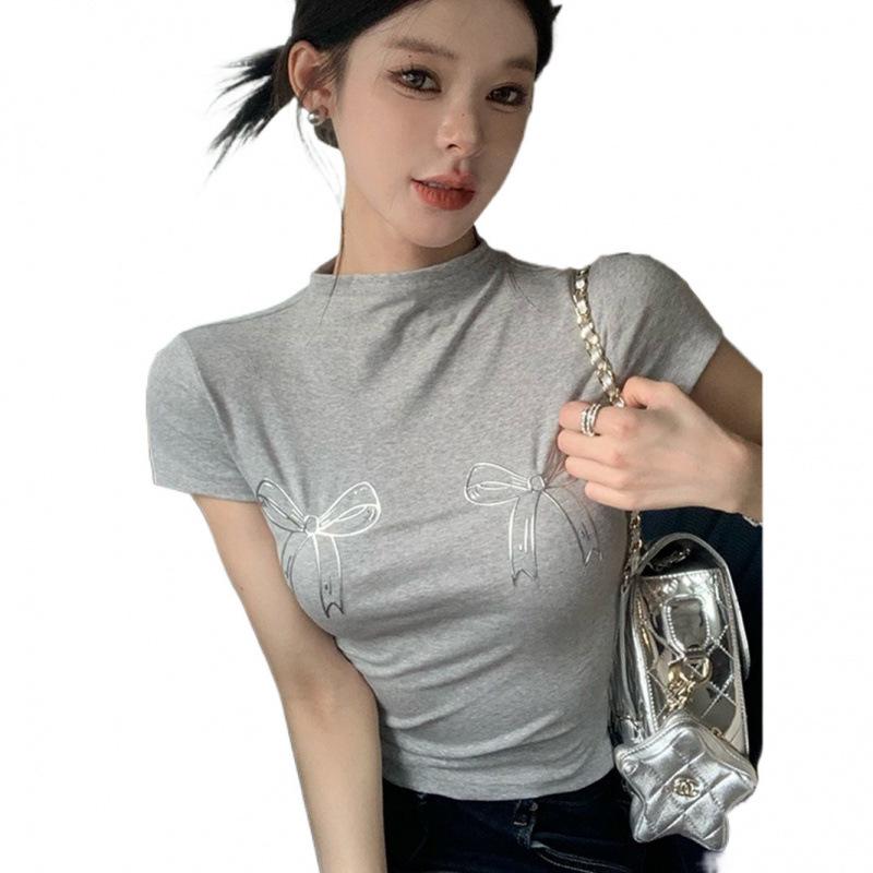Korean Style Silver Bow Print Top: Women's Short Sleeve Round Neck, Summer Design