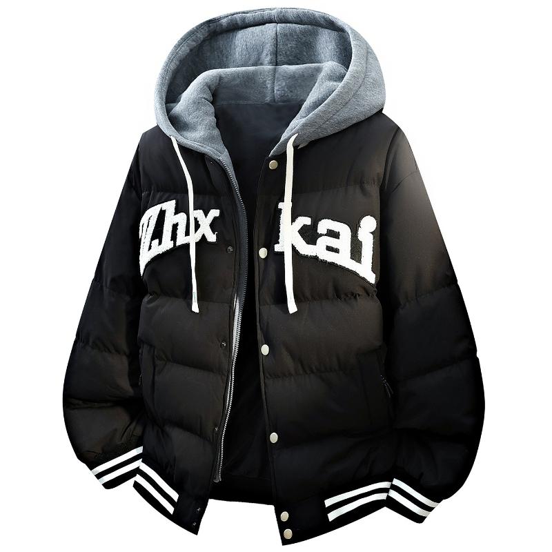 

Autumn Winter Men Baseball Jacket Harajuku Fake 2 Pct Thick Warm Cotton Padded Coat Streetwear Cold-proof Hooded Cotton Jacket XS