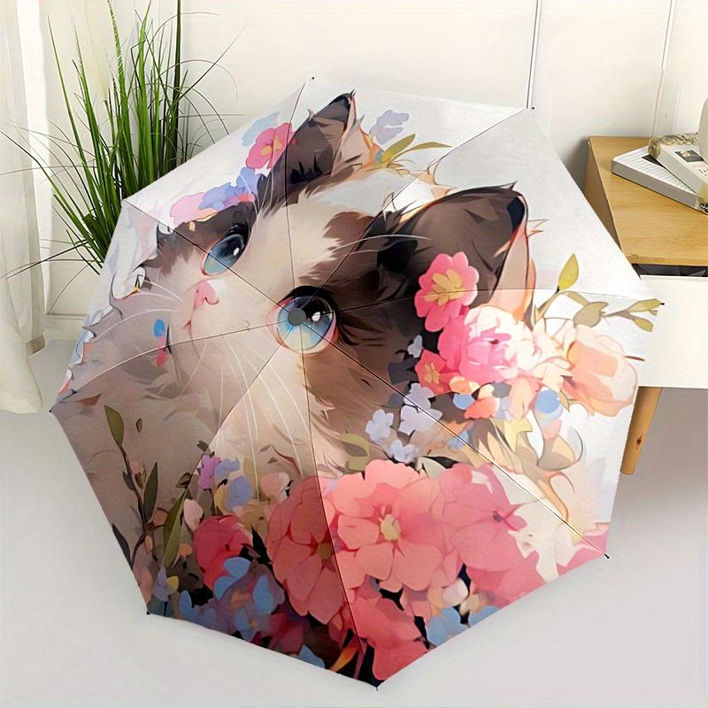 

1pc Artistic Appealing Cat & Flowers Cartoon Umbrella, Portable 3-Fold Compact Umbrella, Suitable for Camping, Hiking and Travel, Ideal Easter Birthda