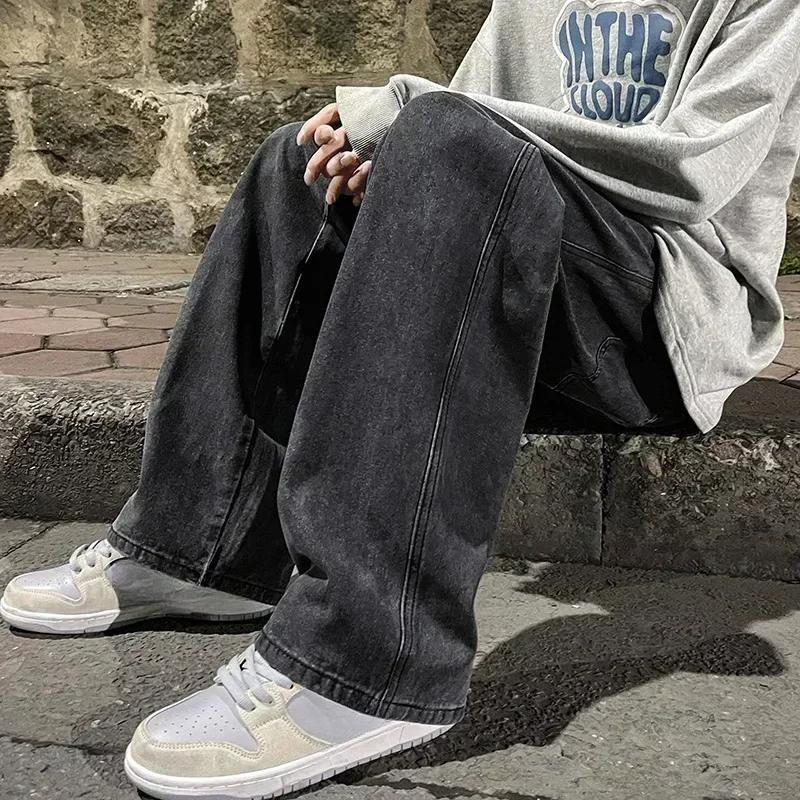 New Streetwear Loose Jeans Men Korean Style Fashion Loose Straight Wide Leg Pants Men's Brand Clothing Black Light Blue