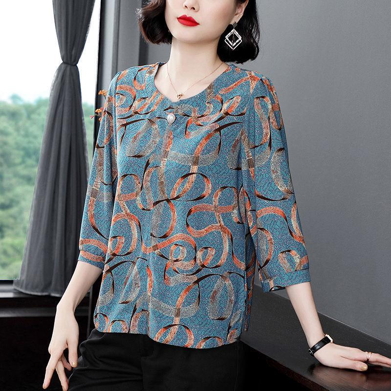

Футболка з рукавом три чверті Весняний топ для жінки середнього віку Китайський стиль Футболка Середній рукав Художній топ 4XL