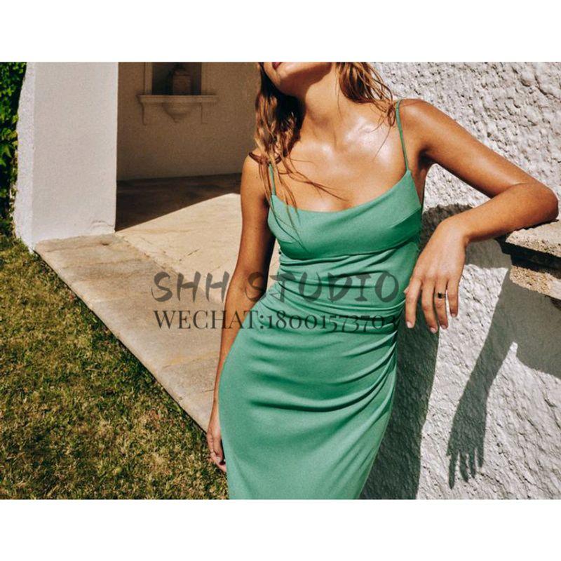 Spring New European and American Style Straight Collar Camisole Sexy Sheath Fashion Backless Ruched Dress 8342333