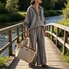 Women Summer Cotton Linen 2 Piece Outfits Casual 3/4 Sleeve Pullover Top And Wide Leg Pants Set Loose Hooded Lounge Sets