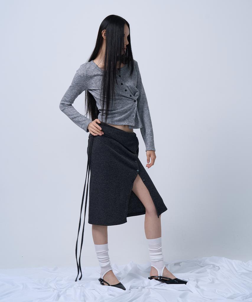 G Museum Layerable Button Wrap Skirt (Melange Charcoal)