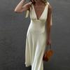 Spring New, Fashionable and Elegant V-neck Lace-up Solid Color Splicing Dress