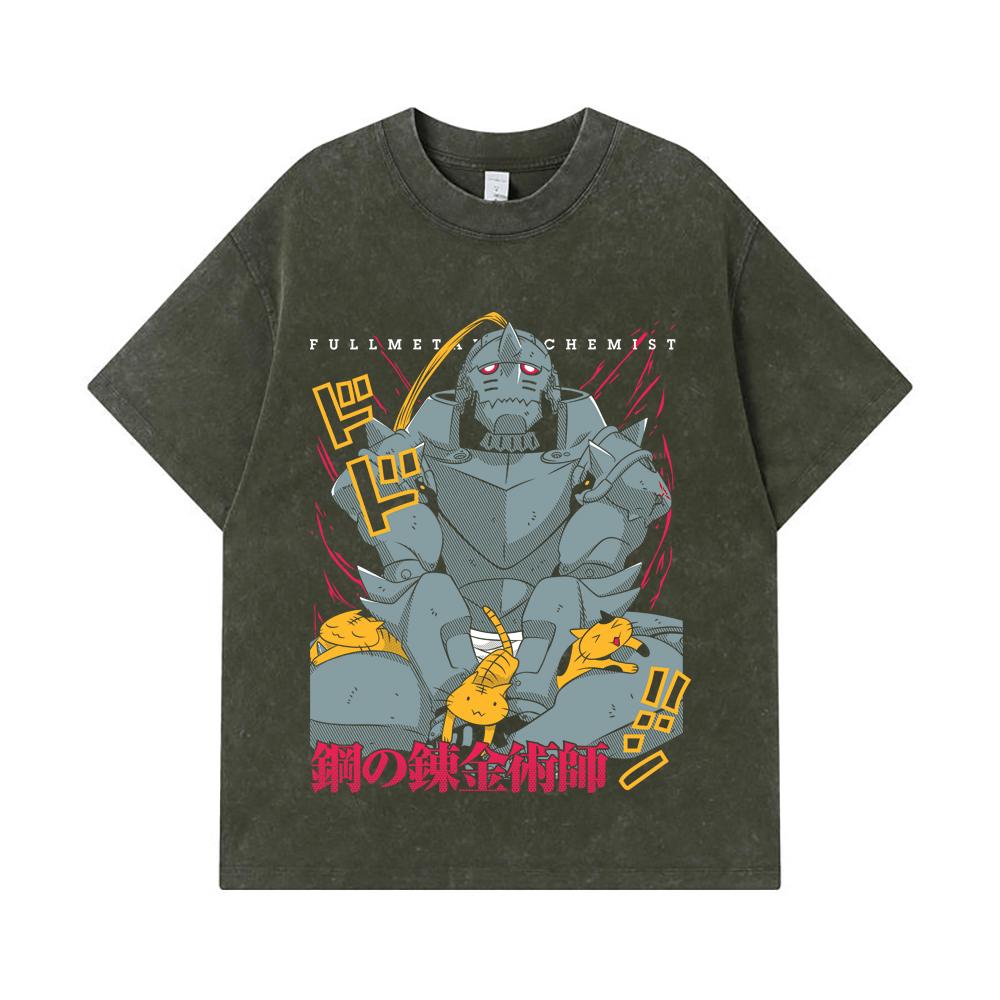 275 GSM Washed T-shirts 100% Cotton Fullmetal Alchemist V4 Alphonse Print Unisex Heavy Cotton T Shirt S