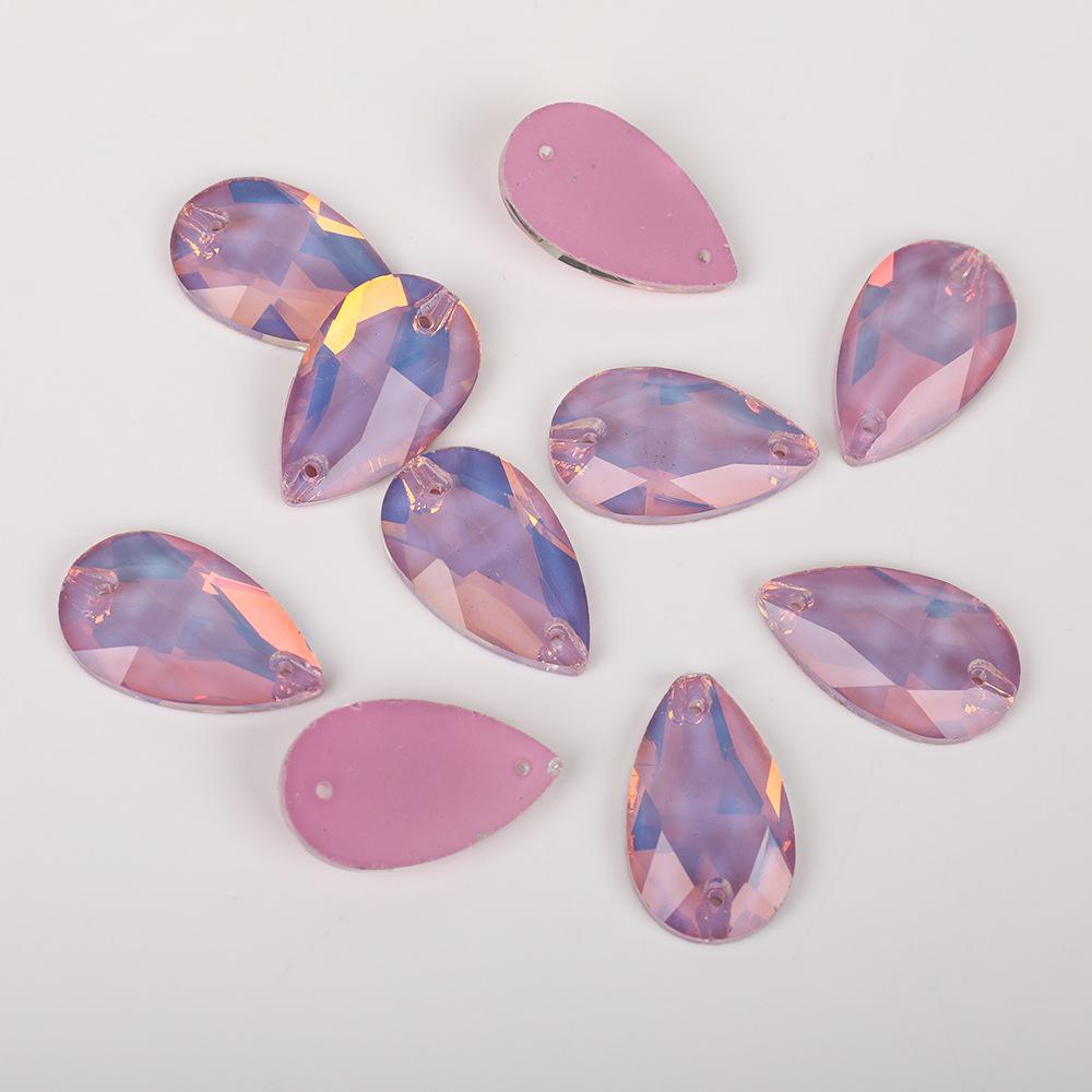 Water Drop Shaped Fluorescent Mocha Protein Glass Flat Buckle Hand Seam Drill, Double Hole Water Diamond Flat Bottom Drill Diy Material Package