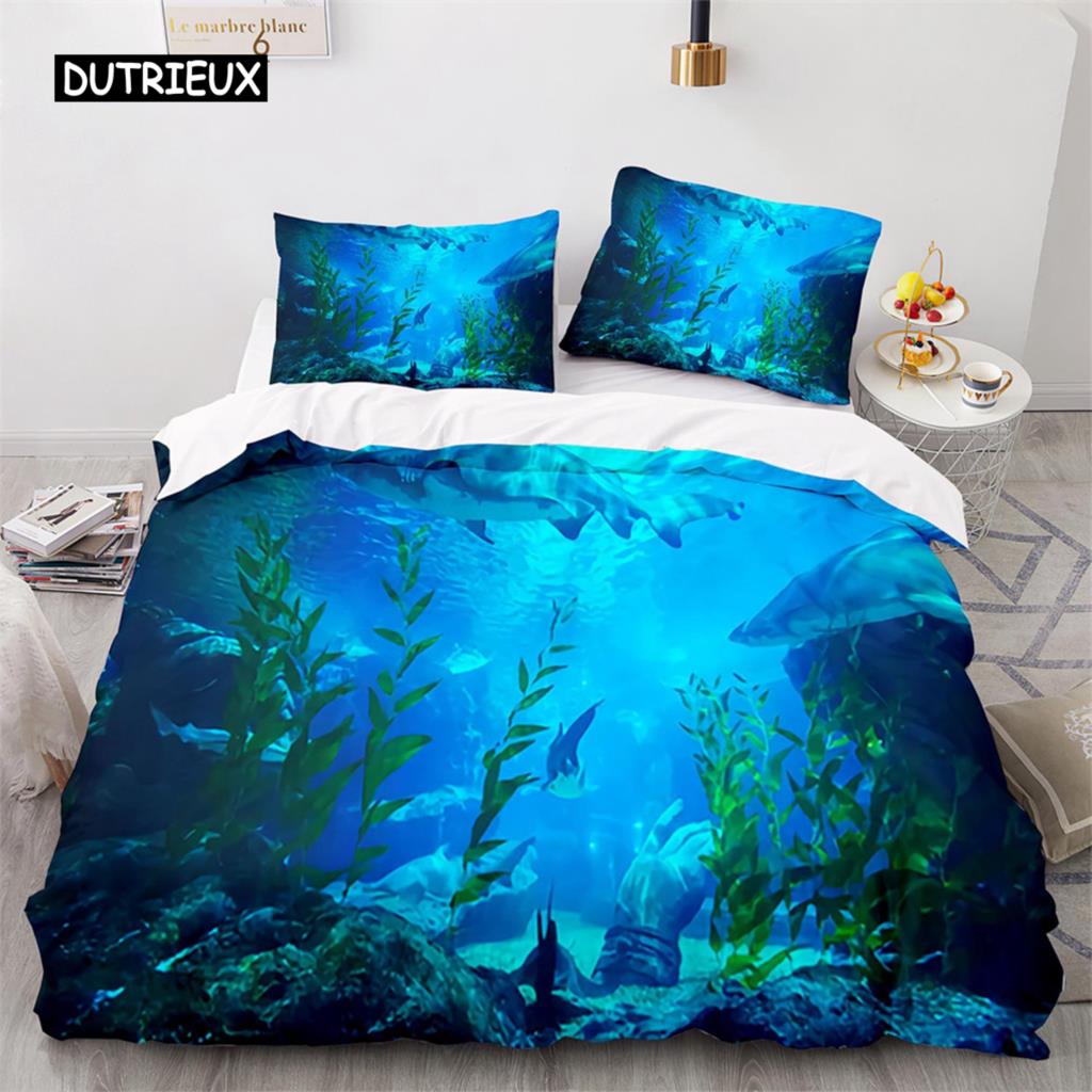 Duvet Cover Ocean Underwater World Bedding Sets with Goldfish Coral Reef Quilt Cover for Kids Teens Children Bedroom Decoration