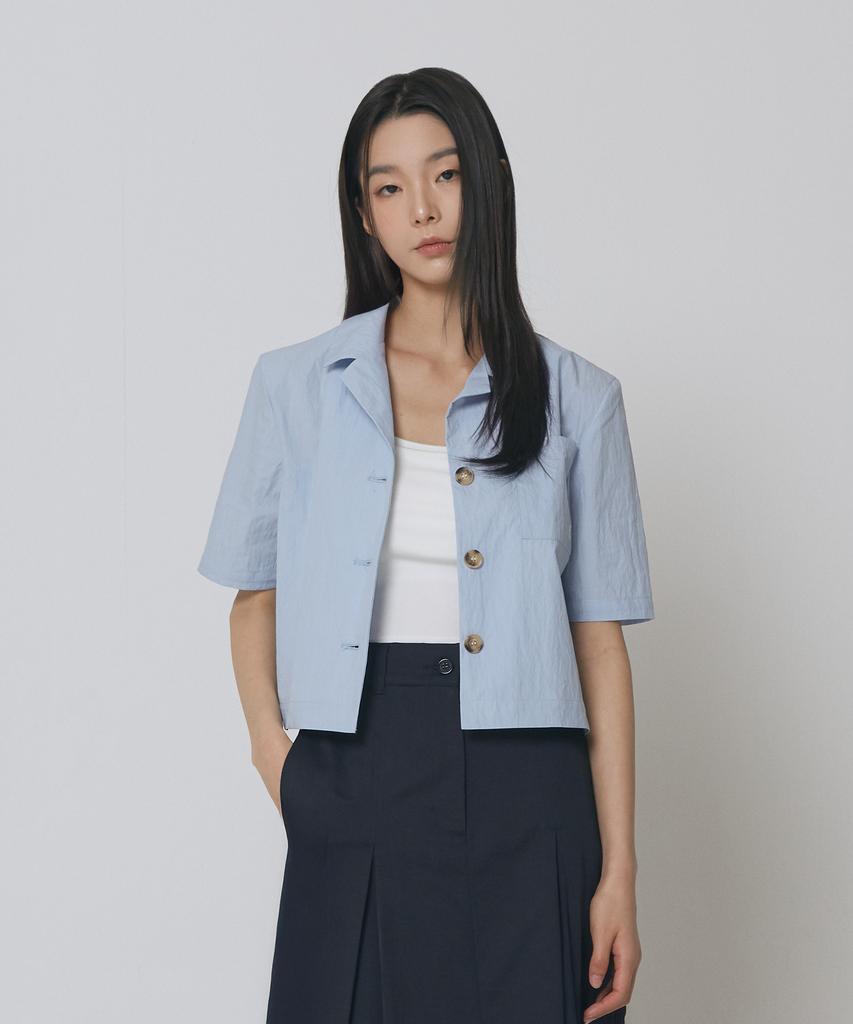 EXPRESSHOLIDAY Open Collar Crop Shirt_Sky Blue