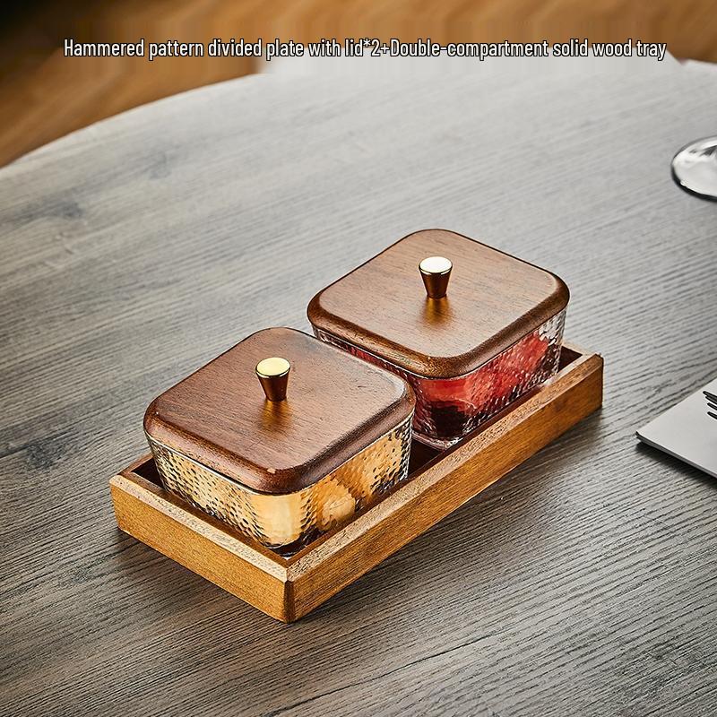 HANDUNYOU Ceramic Divided Snack & Fruit Plate with Wood Tray