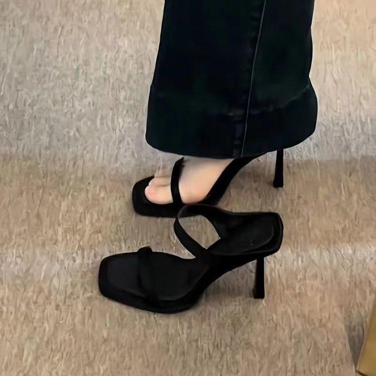 2025 Summer Internet Celebrity New Style with Skirt, High Heel Sandals Women's Fashion Silver Black One Word Slippers