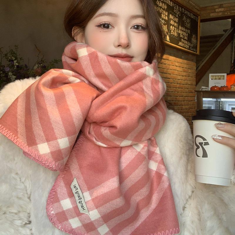 Korean Retro Pink Plaid Scarf for Women - Warm Autumn/Winter Neck Protection Shawl