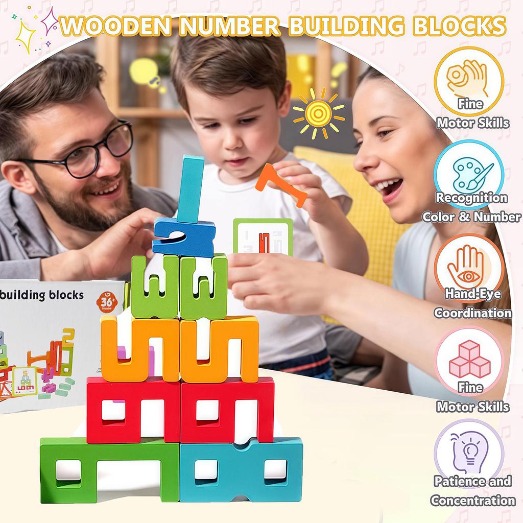 Wooden Number Building Blocks Montessori Number Stacking Blocks Puzzle Balance Competition Toy, Educational Gift for Toddler