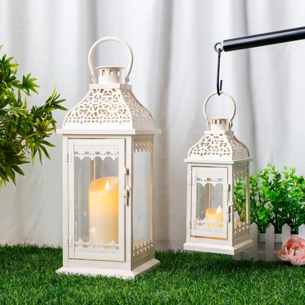 Set of 2 Candle Lanterns Vintage Hanging Lantern Metal Candle Holder for Garden Living Room Parties Weddings Balcony