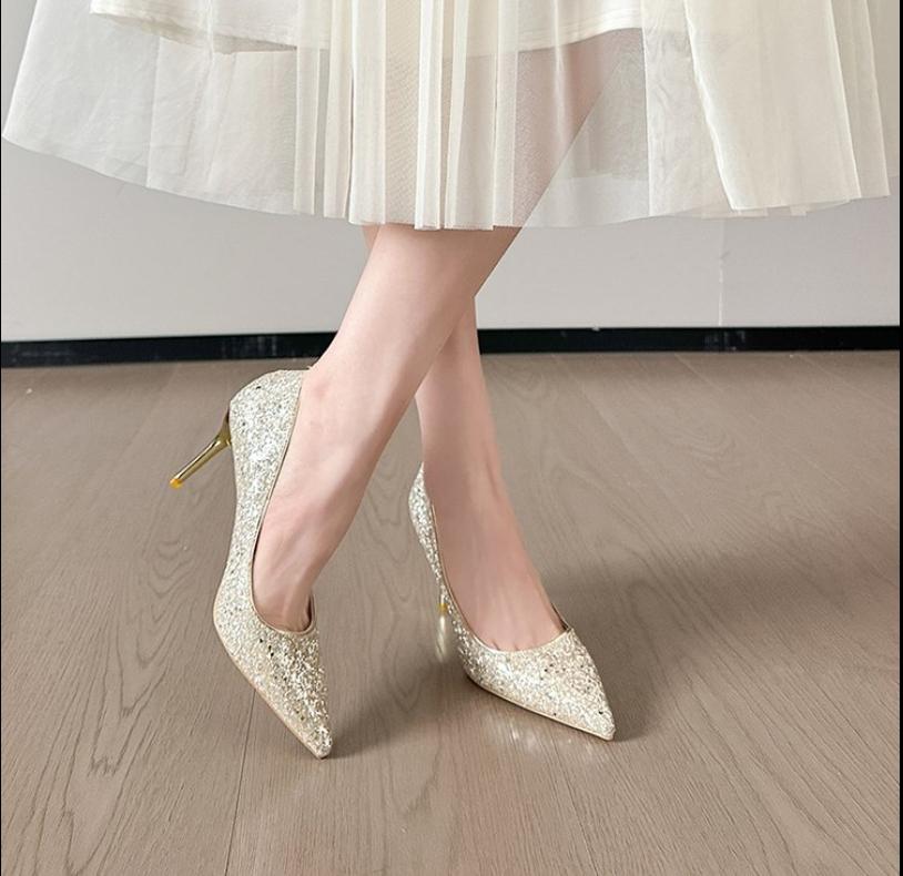 Fashion 2025Fine Heel Glass Shoes Spring New Pointy Head Shallow Mouth Glitter Set Foot Non-slip Wear Not Tired Foot Single Shoes