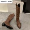 Damen Cowboystiefel, modisch, quadratisch, niedriger Absatz, elegante Schlupfstiefeletten für den Winter, spitze Zehenpartie, Damenschuhe