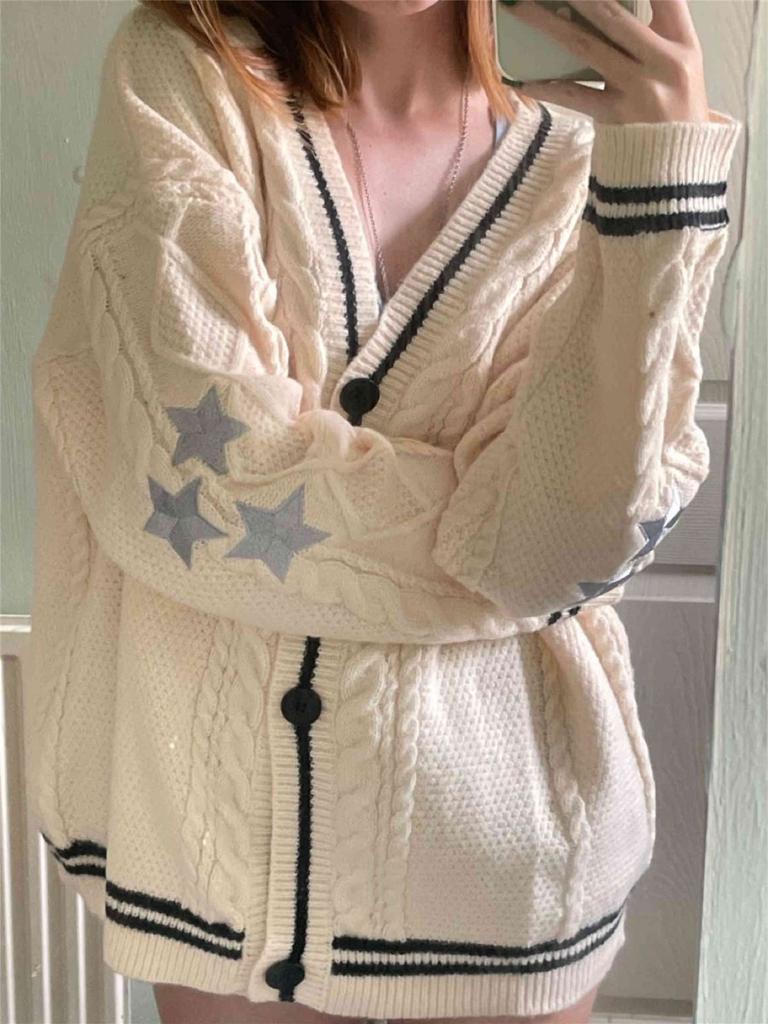 Star Patterned Women's V-neck Sweater Jacket Solid Color Long Sleeved Single Breasted Warm Jackets Autumn and Winter Woman Casual Cardigan