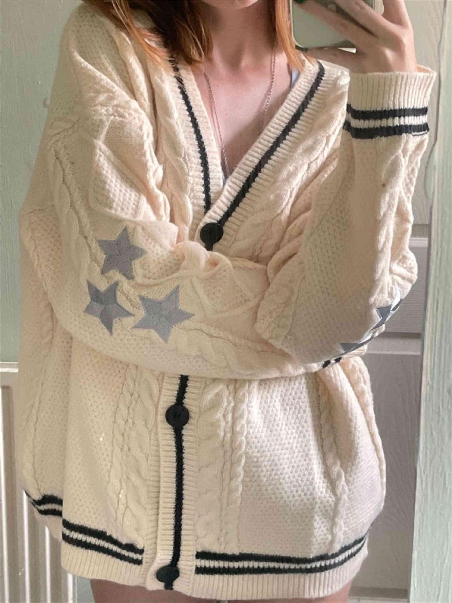 

Star Patterned Women s V-neck Sweater Jacket Solid Color Long Sleeved Single Breasted Warm Jackets Autumn and Winter Woman Casual Cardigan S білий