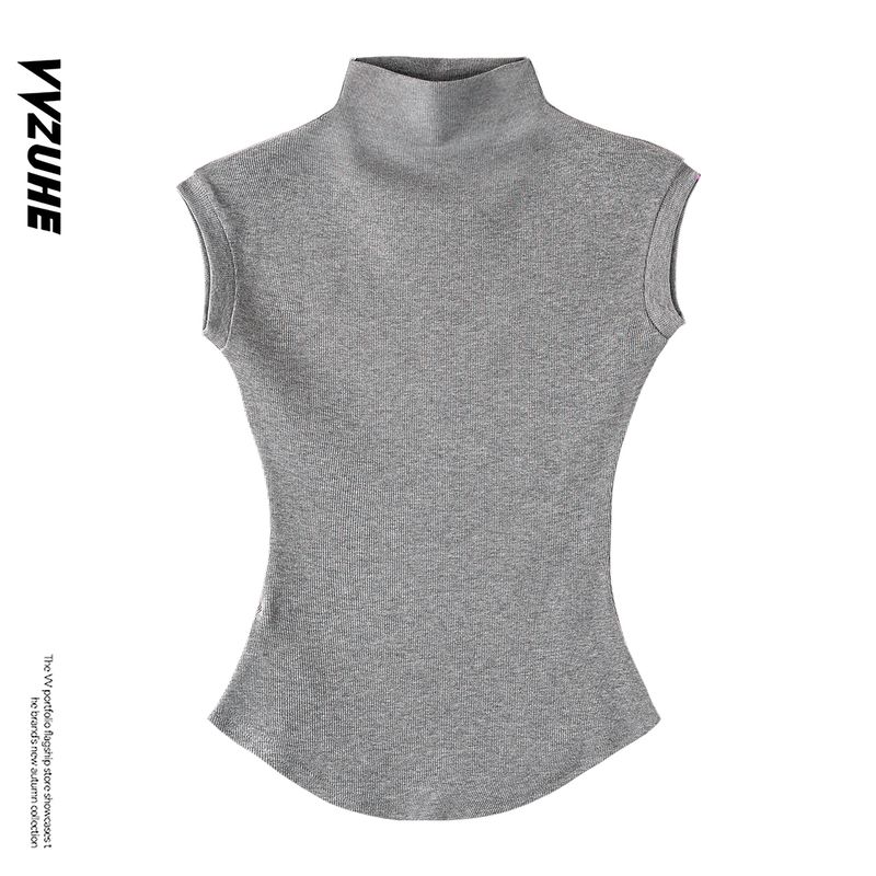 

American Niche Design Pure Desire Gyaru Wind Short sleeve T-shirt Women Half-high Collar Ant Waist Vest Fashion Base Top Grey XL