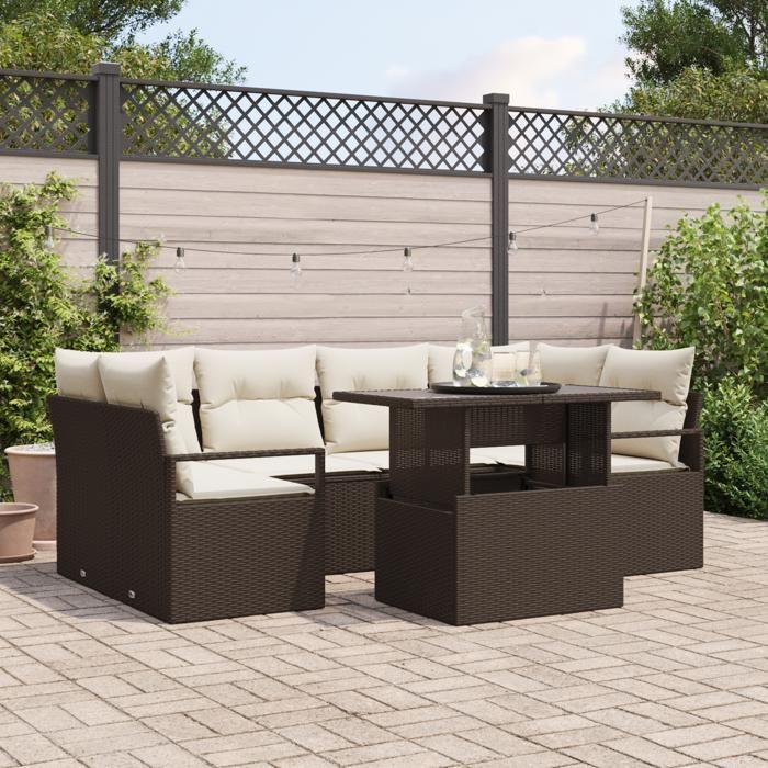VidaXL Ensemble de Canapé de Jardin de 7 Pièces avec Coussins en Poly Rattan Marron 3348754