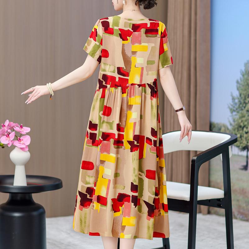 Elegant Dresses for Women Plus Size Loose Casual Vintage Print Long Dress With Sleeves Summer Middle-aged Women's Clothing