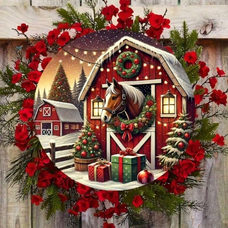 Christmas Horse Rustic Round Metal Wall Poster 20cm Winter Party Holiday Home Decor