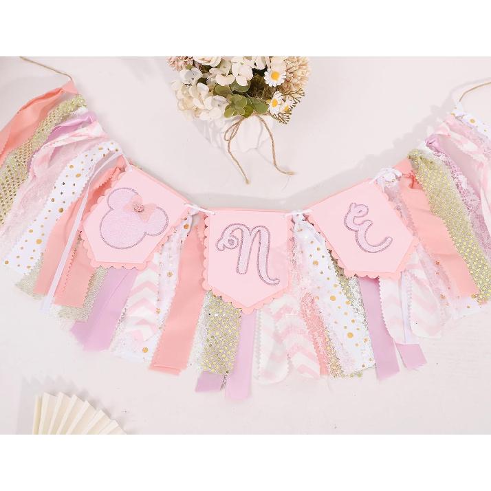 Minnie One High Chair Banner - Minnie 1st Birthday Party Decorations,Pink Minnie First Highchair Banner,Girl First Birthday Highchair,1st Photo Prop