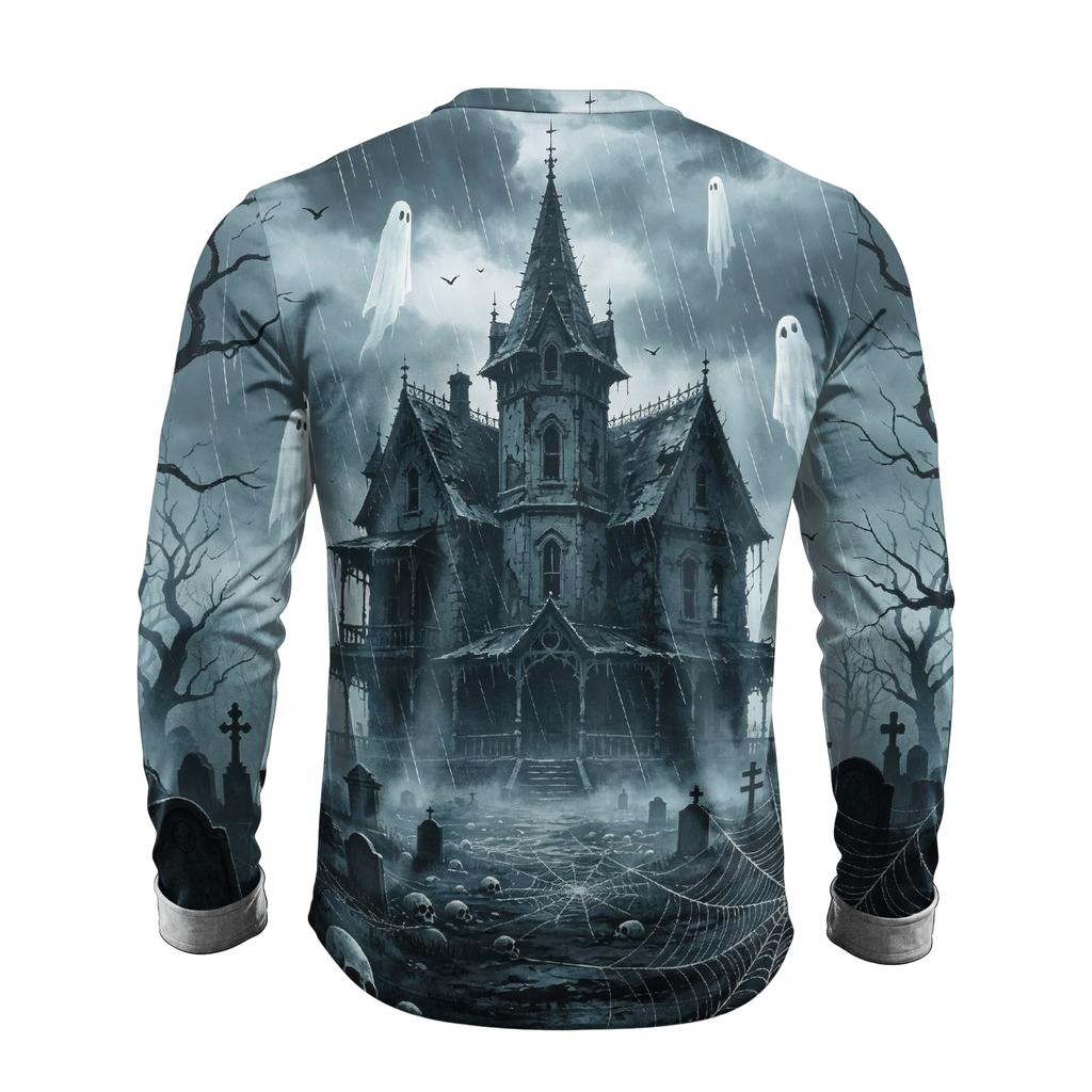 Men's Long Sleeve Halloween Print T-Shirt with Round Neck, Fashion Top for Halloween Events