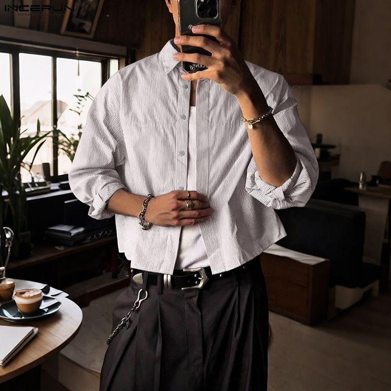 INCERUN Oversized Men Casual Loose Long Sleeve Striped Print Short Shirts Tops