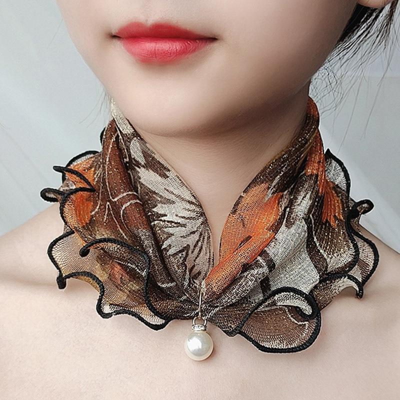 Fake Pearl Pendant Organza Neck Collar Chiffon Scarves Lace Pearls Scarf Fashion Print Shiny Variety Scarf Clothing Accessories