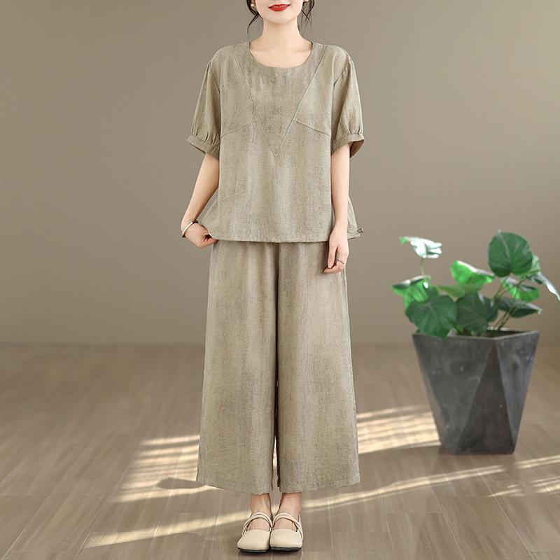 

2026 Summer Fashion: Elegant Casual Cotton Linen Two-Piece Set with Wide-Leg Pants M хаки