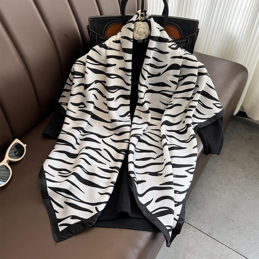 90cm Square Scarf Zebra Stripes Print Silk Scarfs Neck Scarves Headscarf Wraps Shawls Hijabs for Woman Satin Bandana Head Scarf