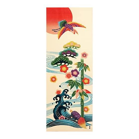 Hamamonyo Tenugui Towel: Sunny Okinawa Bingata-style Sun, Sea, Pine, Bamboo, and Plum