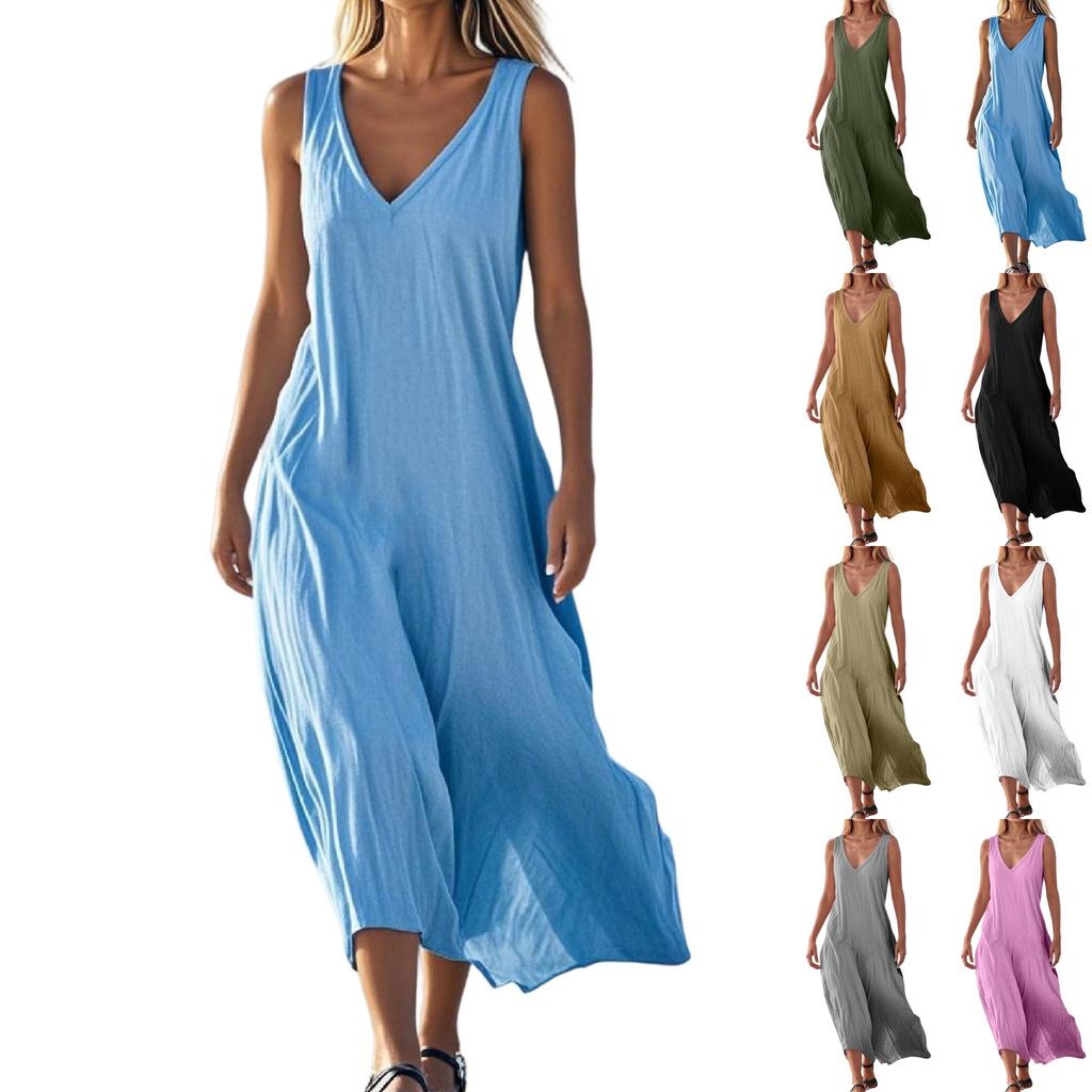 Women Casual Summer Solid Color Tank Sleeveless Dress Hollow Out Loose Beach Dress