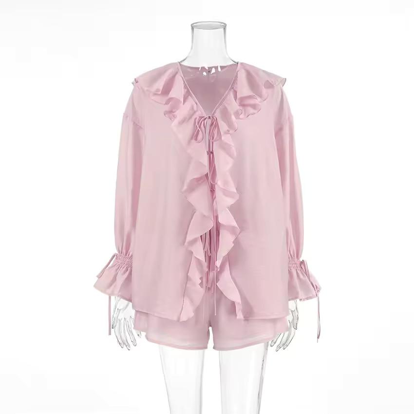 Summer Designer Ruffles Fashion Casual Suit Lace-Up Cardigan Shirt Top + Shorts Two Peice Sets Women Loose Suits