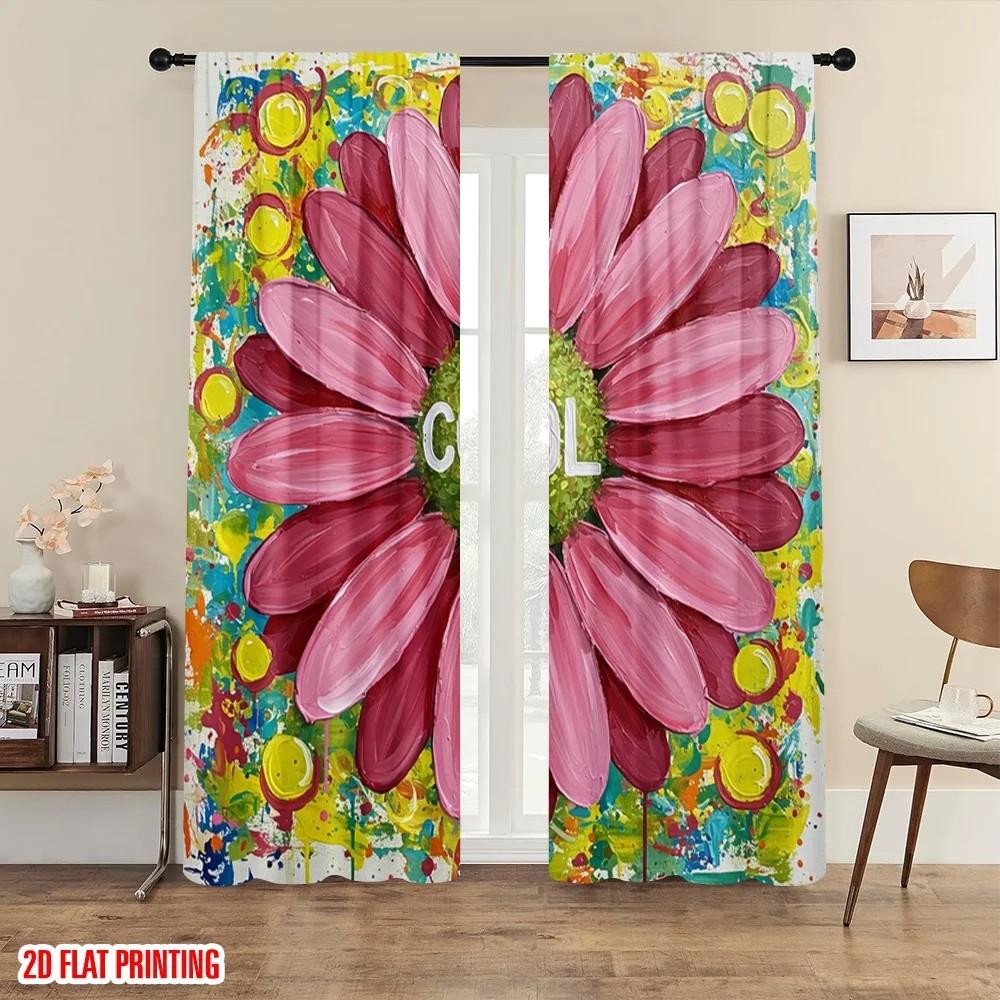 

2pcs Vivid Floral Print Curtain Room Darkening Polyester Fabric Home Decor Holiday Window Rod Pocket Curtain 100*130 Grommet Top 1pcs
