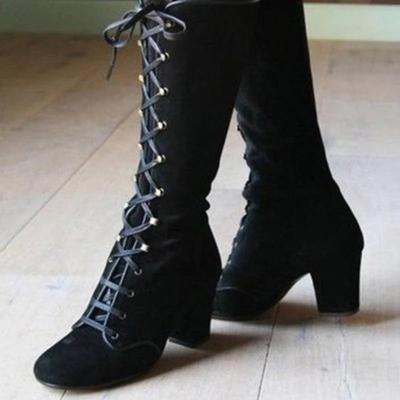 Czarne buty damskie buty do kolan damskie Casual Vintage Retro buty do połowy łydki zasznurować buty na grubym obcasie