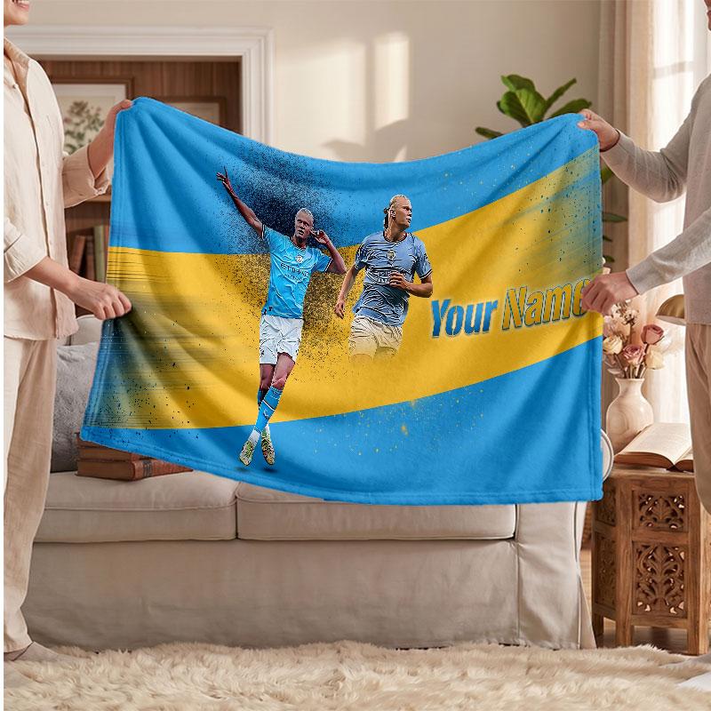 Erling Haaland Personalized Fleece Blanket With Football Logo, Custom Name Text Soft Warm Home Throw Blanket