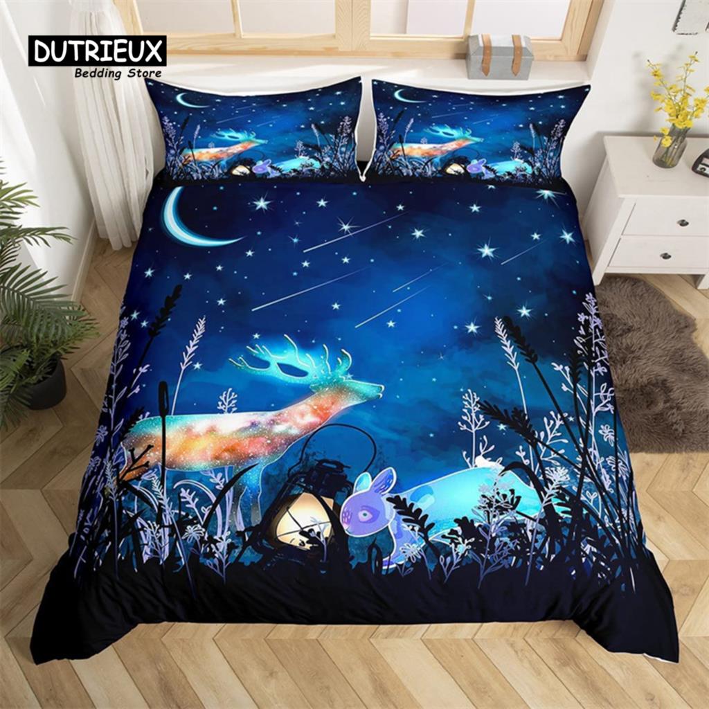 Deer Animal Duvet Cover Set Twin Queen Size Butterfly Flowers Bedding Set Microfiber Moon Galaxy Comforter Cover For Girls Teens