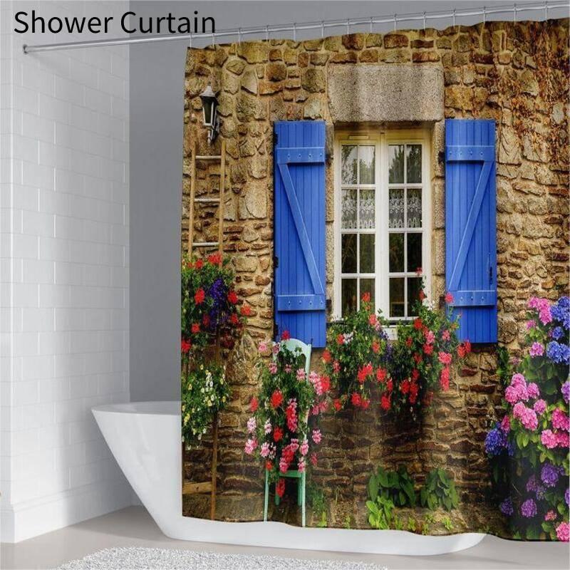 Polyester Printed Bathroom Shower Curtain With Modern Window Design