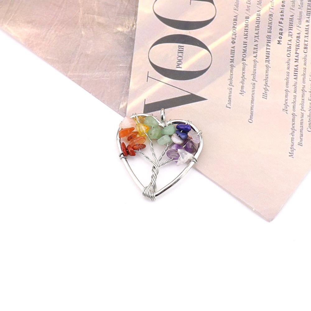 Natural Gravel Tree of Life Pendant Necklace - Hand-Wrapped Heart Crystal Design