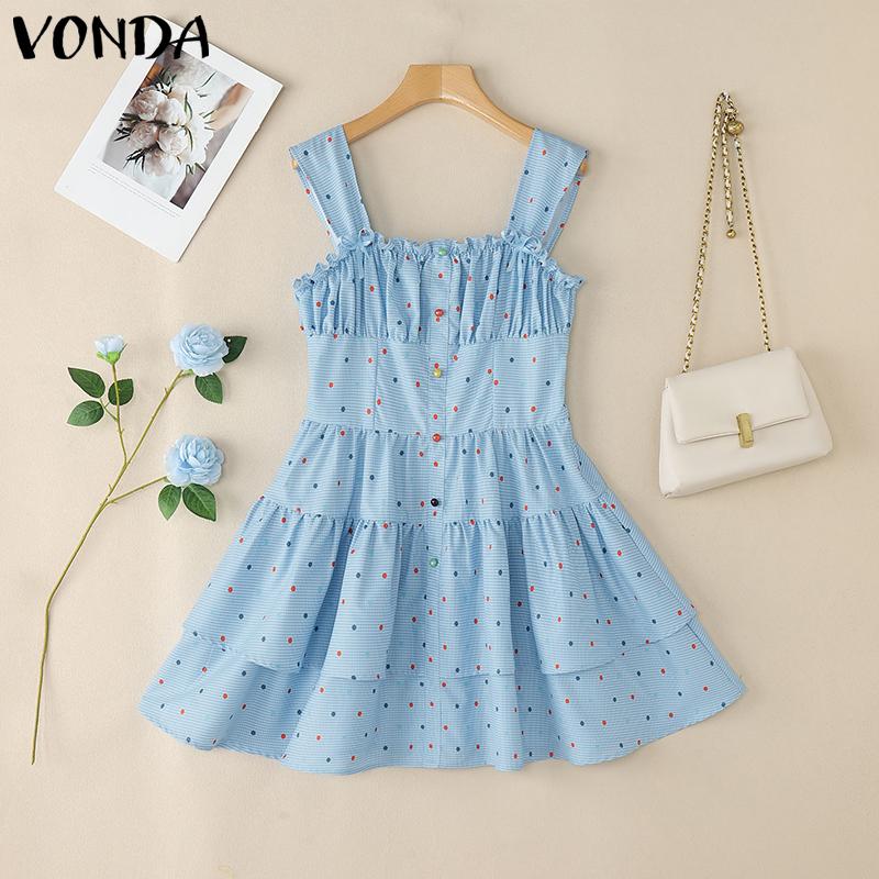 

VONDA Женское платье мини без рукавов на бретелях, повседневное, для вечеринки, многослойное, плиссированное, с принтом в горошек 5XL синий