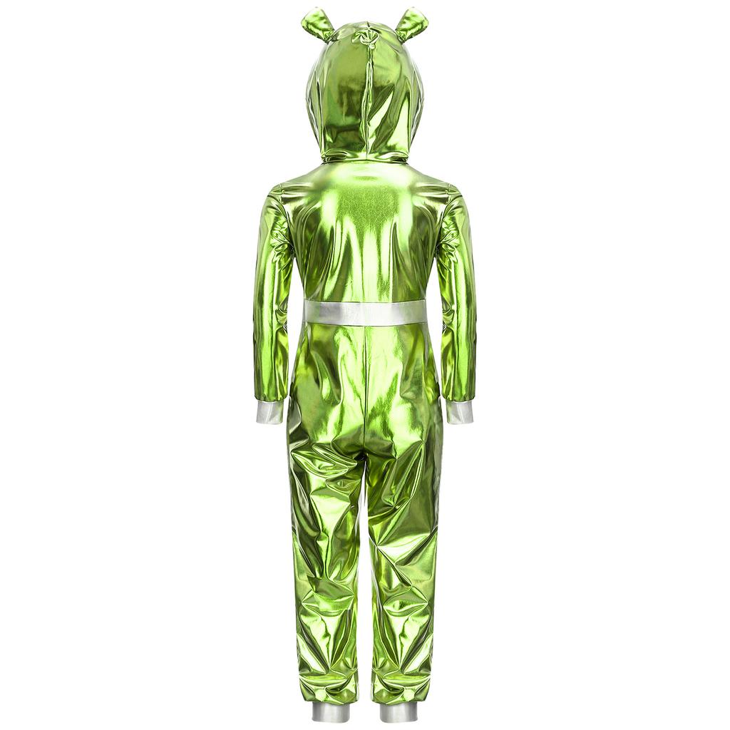 Mädchen Alien Halloween Kostüm Metallischer Glanz Kapuze Langarm Reißverschluss Vorne Jumpsuit Kostümparty Outfit