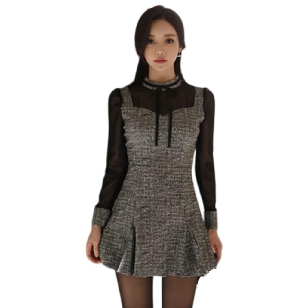 GRAXIA Cabaret Mini Long and Gray and Size M Women's Two-Piece Dress, Dress, Set, Sleeves, Pleated, Ribbon, Lace, Black,
