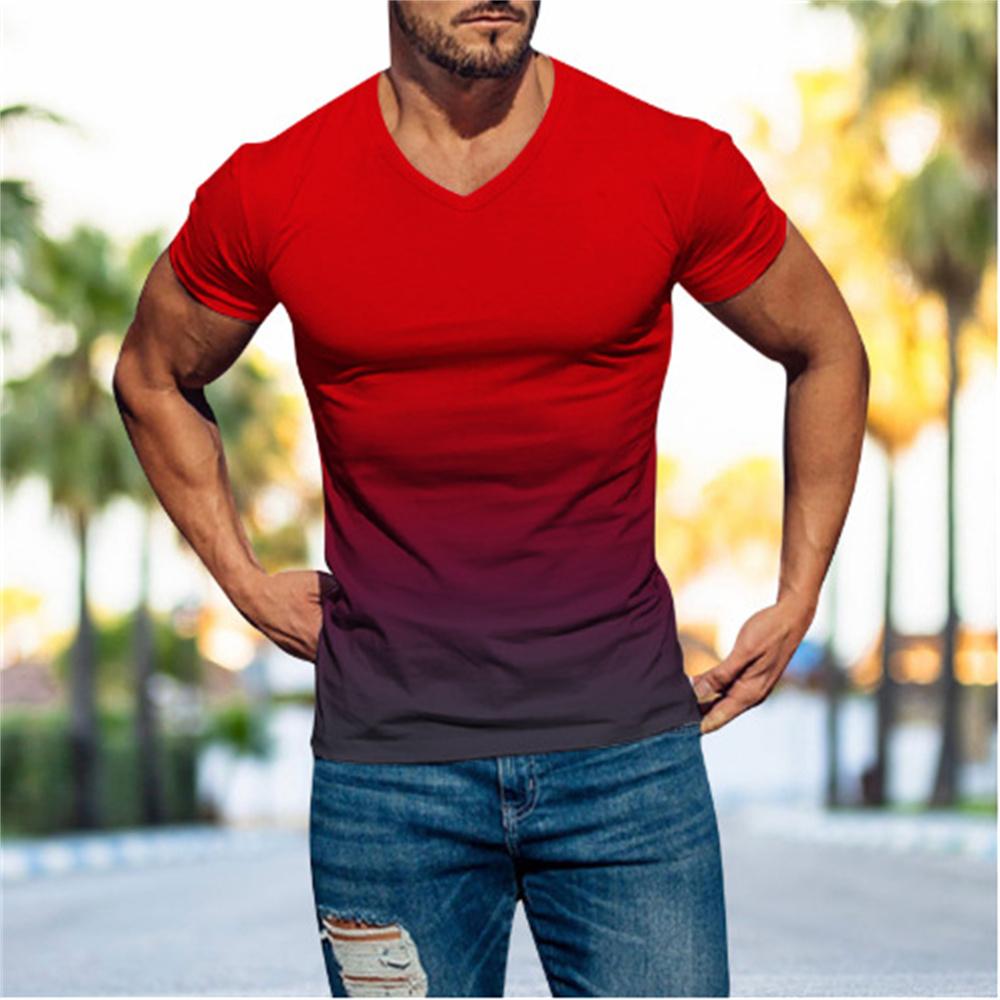 Letní móda Ležérní Muži Top Gradient 3D digitální potištěné Pánské tričko s krátkým rukávem a výstřihem do V Cool Streetwear Oversized topy