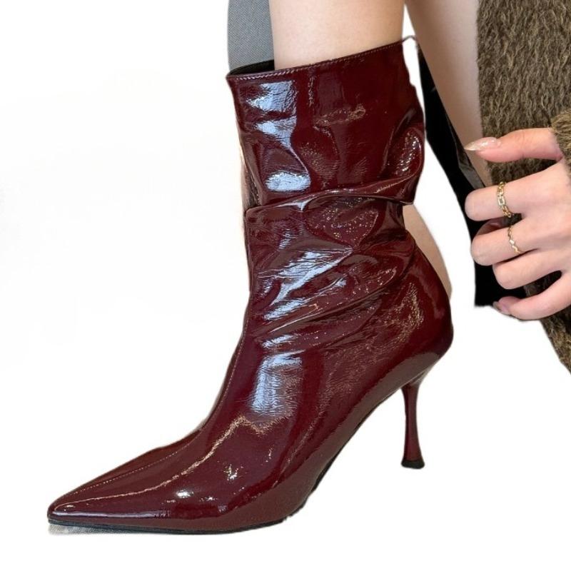 Sexy High Heels Ankle Boots Women Pointed Toe Heeled Shoes Pleated Designer 2025 Winter Chelsea Lether Shoes Luxury Pumps Botas