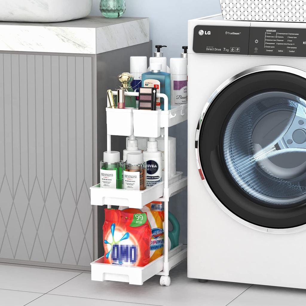 SPACEKEEPER Kitchen Slim 22cm Narrow Storage Cart with Multifunctional for Small and with Easy Suitable for Next to 3 White Cart, Dividers, Items,